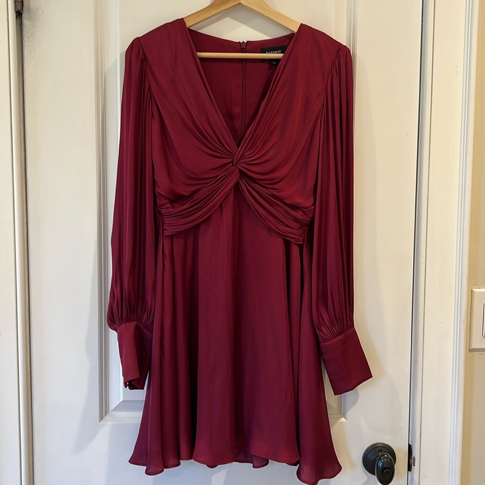 Bardot Dress, deep red/garnet silky material, size US6/S